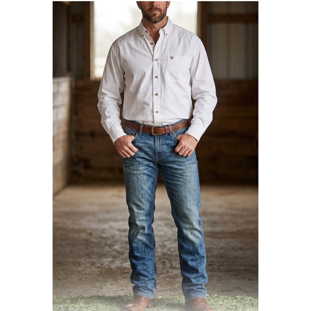 Ariat Mens White Long Sleeve Button Down Western Cotton Twill Shirt XL RN105037
